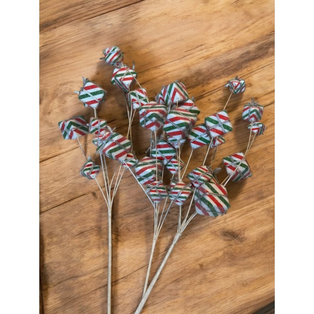 Set of 3 Red, Green and White Sugar Coated Christmas Present Floral Pick / Spray